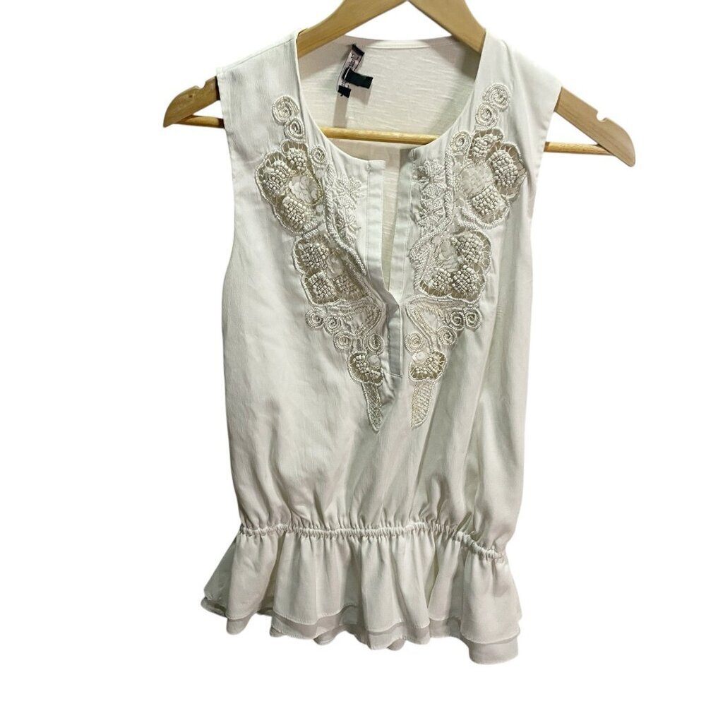 Juicy Couture Peplum Top Womens XS White Beaded Embroidered Boho Sleeveless Blou